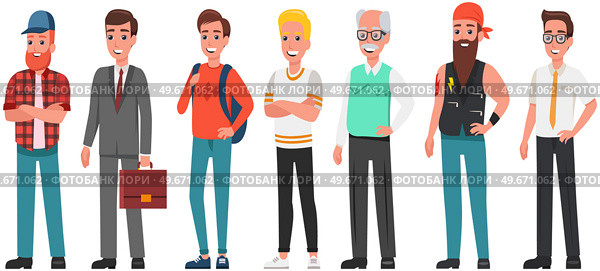 Representatives of professions, people in different working positions set. Men in casual and work clothes. Cartoon characters of different ages and jobs. Male workers isolated on white background. Representatives of professions, people in different positions. Men in casual and work clothes. Стоковая иллюстрация, агентство Ingram Publishing / Фотобанк Лори