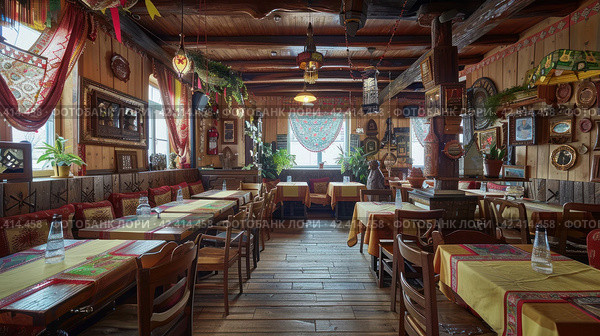 Restaurant, cafe in Russian style,    Generative AI. Стоковое AI-изображение, AI-художник Анна Кривицкая / Фотобанк Лори