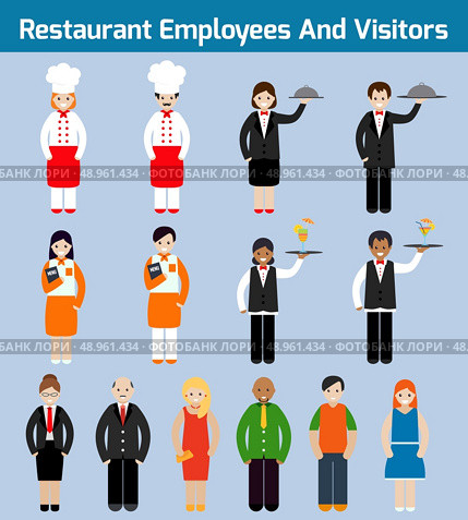 Restaurant employees and visitors flat avatars set with waiter chef servant isolated vector illustration. Стоковая иллюстрация, агентство Ingram Publishing / Фотобанк Лори