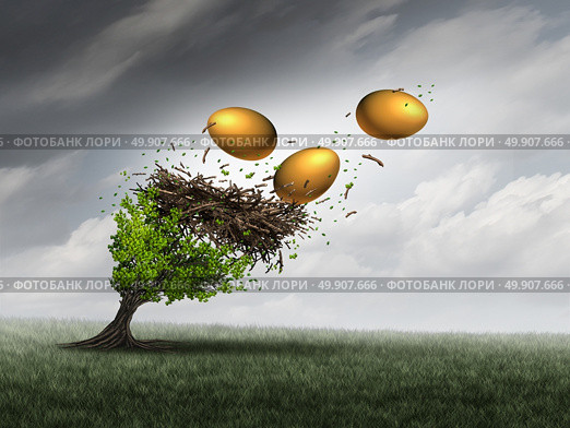 Retirement fund crisis concept as a tree in peril with a nest and gold eggs falling out during a destructive thunder storm as a metaphor for financial investment problems for retiring seniors or financial debt stress symbol with 3D illustration elements. Стоковое фото, агентство Ingram Publishing / Фотобанк Лори