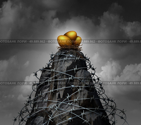 Retirement savings security investment business concept as a high mountain cliff wrapped with dangerous barbed wire as an insurance symbol for protecting assets as a 3D illustration. Стоковое фото, агентство Ingram Publishing / Фотобанк Лори