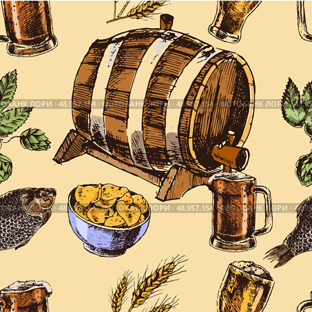 Retro beer barrel and foamy mug with fish chips snacks seamless color pattern sketch vector illustration. Стоковая иллюстрация, агентство Ingram Publishing / Фотобанк Лори