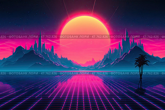Retro futuristic synthwave styled mountain with palm tree and sunset on background. Стоковое AI-изображение, AI-художник Данила Большаков / Фотобанк Лори