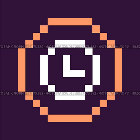 Retro game flat style vector, isolated clock with arrows in circle, deadline symbol, timer with minutes and seconds, countdown alarm 8 bit graphics. Clock Denoting Time, Pixel Icon of Retro Game. Стоковая иллюстрация, агентство Ingram Publishing / Фотобанк Лори