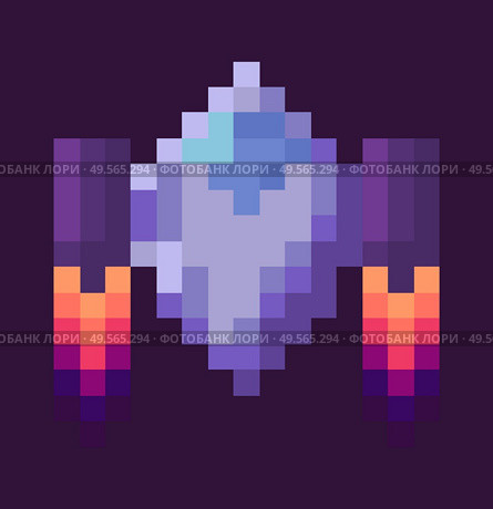 Retro spaceship, pixel art sign in 8 or 16 bit game in dark night sky. Vector starship in universe, pixel-art play and burning rocket ship on purple, pixelated cosmic object for mobile app games. Retro Spaceship, Pixel Art Game Rocket at Night. Стоковая иллюстрация, агентство Ingram Publishing / Фотобанк Лори