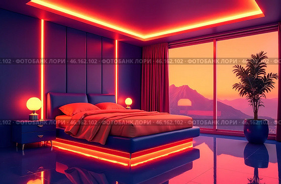 Retrofuturism interior of the building, free space bedroom. AI Generative. Стоковое AI-изображение, AI-художник Spirit River / Фотобанк Лори