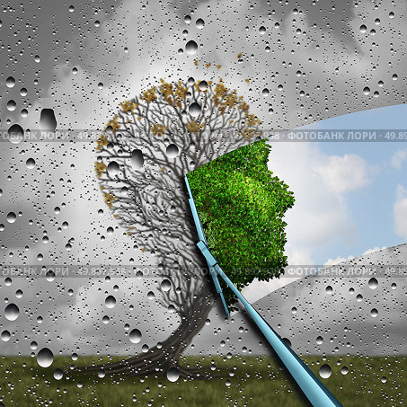 Reverse aging process and make young again medical concept or plastic surgery symbol as a wiper wiping away old decaying tree and revealing to a healthy green human head plant with leaves as a medical metaphor for renewal with 3D illustration elements. Стоковое фото, агентство Ingram Publishing / Фотобанк Лори