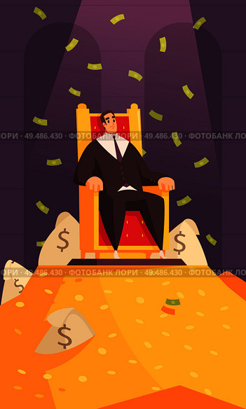 Rich man wealth symbol cartoon composition with millionaire on throne atop gold mount bathing in money vector illustration. Стоковая иллюстрация, агентство Ingram Publishing / Фотобанк Лори