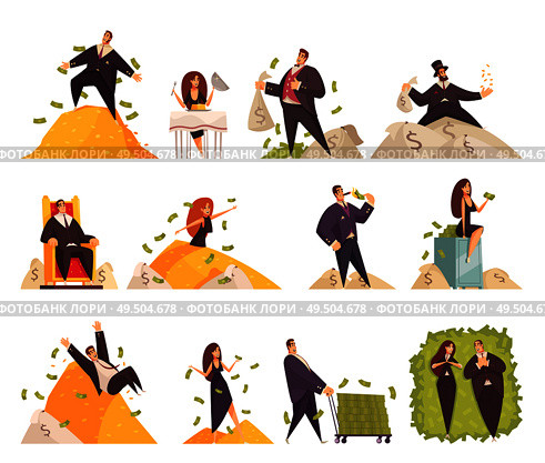 Rich people flat cartoon comic elements set with wealthy woman bathing in millionaire man money vector illustration. Стоковая иллюстрация, агентство Ingram Publishing / Фотобанк Лори