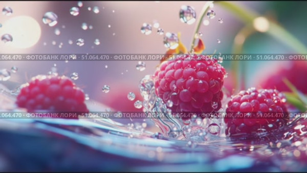 Ripe raspberries splashing in water create a refreshing nature moment. Стоковое AI-видео, аниматор Сергей Толмачёв / Фотобанк Лори
