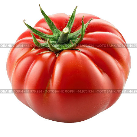 Ripe red heirloom tomato with green stem isolated on white background. Стоковое AI-изображение, AI-художник Иван Рябоконь / Фотобанк Лори