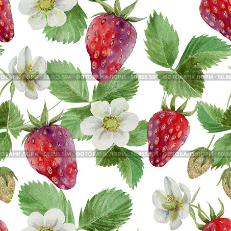 ripe strawberries with flowers and foliage, drawn in watercolor for the design of labels, menus. Стоковая иллюстрация, иллюстратор Екатерина Тимонова / Фотобанк Лори