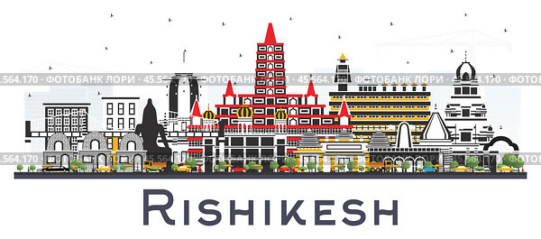 Rishikesh India City Skyline with Color Buildings Isolated on White. Стоковая иллюстрация, иллюстратор Игорь Сорокин / Фотобанк Лори