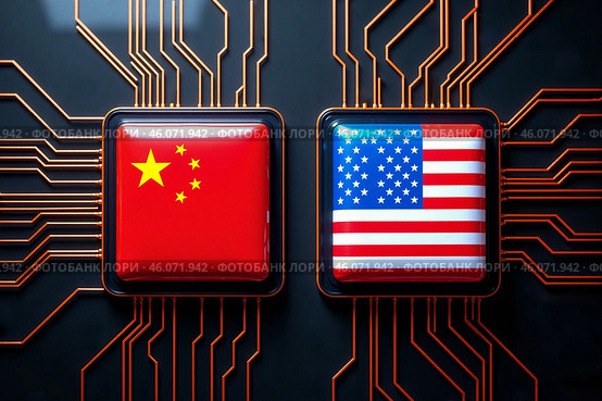Rivalry in the development of artificial intelligence models. Chinese and U.S. flag microcircuits.  AI generative. Стоковое AI-изображение, AI-художник Роман Дзюбало / Фотобанк Лори