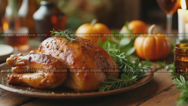 Roasted turkey with herbs on top of a plate. Стоковое AI-видео, аниматор Sergey Grishin / Фотобанк Лори