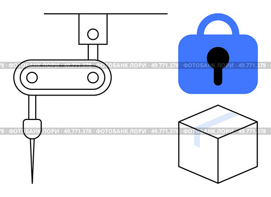 Robot arm with needle next to blue padlock and parcel box. Ideal for automation, security, logistics, technology, e-commerce, and robotics. Clean lines, minimalist design. Advanced Robotics and Secure Delivery Package Protection Through Precision Technology. Стоковая иллюстрация, агентство Ingram Publishing / Фотобанк Лори