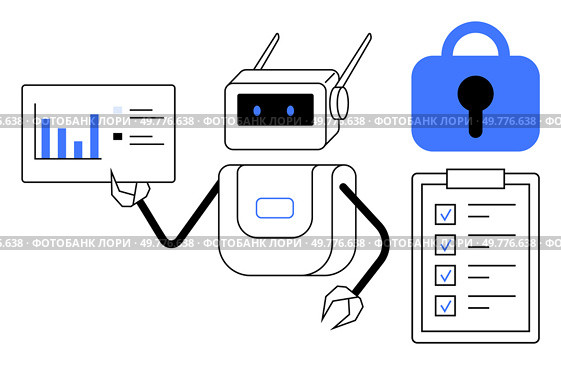 Robot holding a data chart and checklist, with a lock symbol signifying security. Ideal for data analysis, automation, cybersecurity, digital assistance, technology implementation. Cartoon vector. Robot Analyzing Data with Secure Checklist and Lock Symbol, Representing Data Security Automation. Стоковая иллюстрация, агентство Ingram Publishing / Фотобанк Лори
