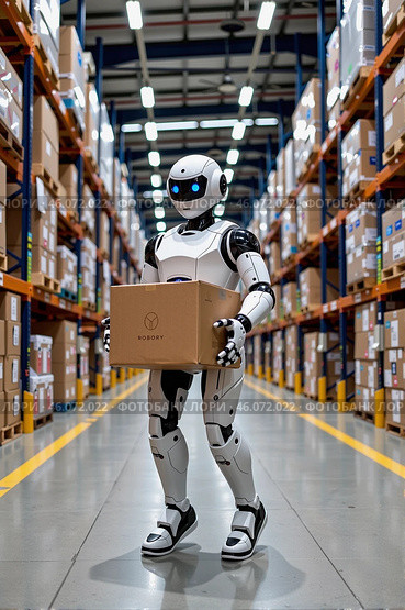 Робот переносит коробку в складском помещении. Стоковое AI-изображение, AI-художник Валерий Лукин / Фотобанк Лори