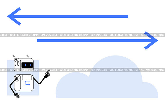 Robot pointing at opposing arrows near a cloud. Ideal for themes of direction, technology, connectivity, communication, guidance, cloud computing, and navigation. Line metaphor. Robot Pointing at Opposite Arrows with Cloud, Representing Direction and Connectivity Concepts. Стоковая иллюстрация, агентство Ingram Publishing / Фотобанк Лори