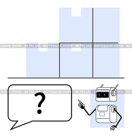 Robot pointing at puzzle pieces. Contains speech bubble, question mark, unfinished puzzle. Ideal for problem-solving, technology, artificial intelligence, educational tools, robotics, puzzles. Robot Pointing at Puzzle Pieces with Speech Bubble Containing Question Mark. Стоковая иллюстрация, агентство Ingram Publishing / Фотобанк Лори