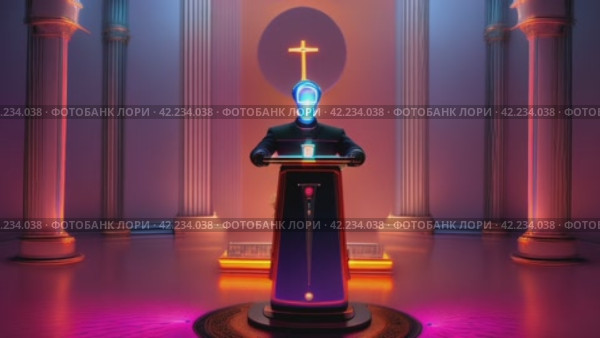 Robot Preacher on the Podium: The Voice of the Future and the Technological Message. Стоковое AI-видео, аниматор Юрий Поздников / Фотобанк Лори