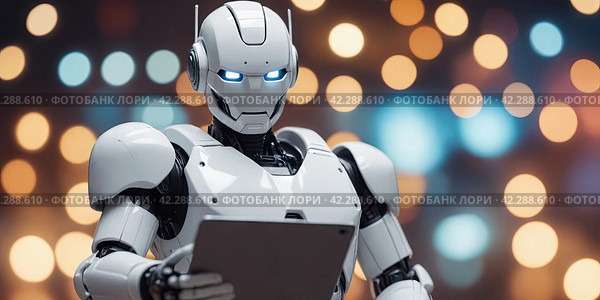 Робот с планшетом. Технологии ближайшего времени. A robot with a tablet. Technologies of the near future. Стоковое AI-изображение, AI-художник Гер Олег / Фотобанк Лори