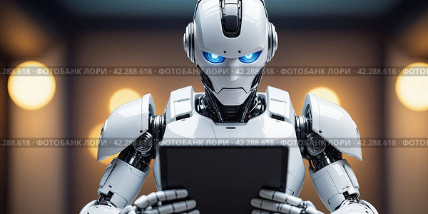 Робот с планшетом. Технологии ближайшего времени. A robot with a tablet. Technologies of the near future. Стоковое AI-изображение, AI-художник Гер Олег / Фотобанк Лори