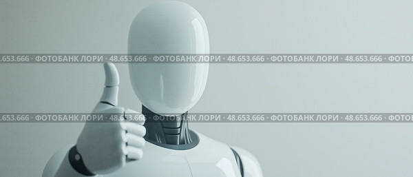 Робот с поднятым большим пальцем на нейтральном фоне. Стоковое AI-изображение, AI-художник Александр Жуков / Фотобанк Лори