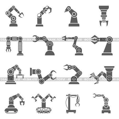 Robotic Arm Black Icons Set. Various robotic arms to manipulate objects at a distance black  icons collection abstract isolated vector illustration . Стоковая иллюстрация, агентство Ingram Publishing / Фотобанк Лори