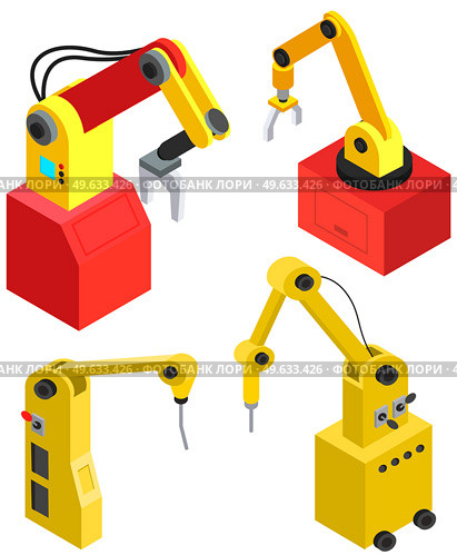 Robotic arm isolated on white background. Mechanical hand vector illustration. Modern technical manipulator at factory. Equipment for work in production. Technical device for loading objects. Equipment for work in production. Mechanical hand, robotic arm, technical device for loading objects. Стоковая иллюстрация, агентство Ingram Publishing / Фотобанк Лори