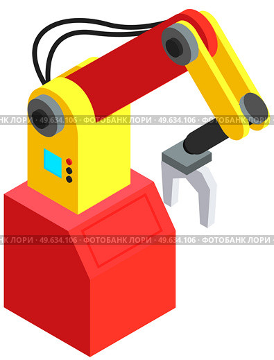 Robotic arm isolated on white background. Mechanical hand vector illustration. Modern technical manipulator at factory. Equipment for work in production. Technical device for loading objects. Equipment for work in production. Mechanical hand, robotic arm, technical device for loading objects. Стоковая иллюстрация, агентство Ingram Publishing / Фотобанк Лори