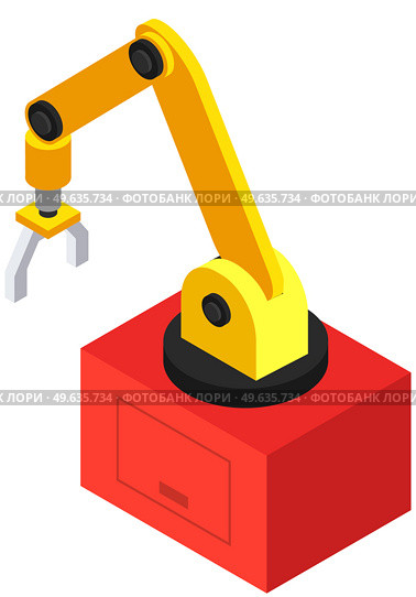 Robotic arm isolated on white background. Mechanical hand vector illustration. Modern technical manipulator at factory. Equipment for work in production. Technical device for loading objects. Equipment for work in production. Mechanical hand, robotic arm, technical device for loading objects. Стоковая иллюстрация, агентство Ingram Publishing / Фотобанк Лори