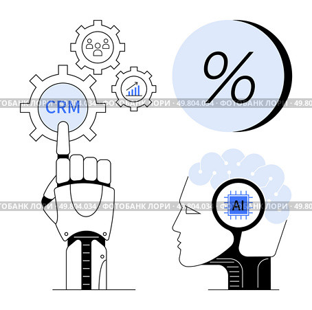 Robotic hand points to CRM gear, head with AI chip, and percentage symbol. Key themes Ideal for business automation, AI technology, future of work, machine learning, robotics, CRM tools, and tech. Robotic Hand Activating CRM Gear and AI Integration in Human Brain, Percentage Symbol. Стоковая иллюстрация, агентство Ingram Publishing / Фотобанк Лори