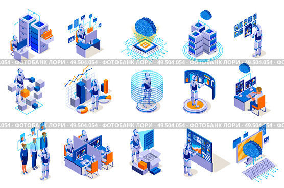Robotic process automation isometric icons collection with isolated images of robots working with futuristic computer interfaces vector illustration. Стоковая иллюстрация, агентство Ingram Publishing / Фотобанк Лори