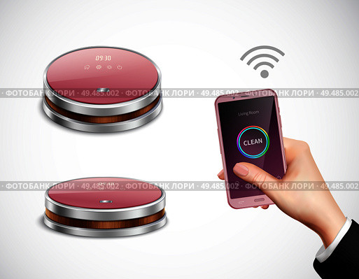 Robotic smartphone controlled vacuum cleaner closeup top side views realistic images with hand holding phone vector illustration. Стоковая иллюстрация, агентство Ingram Publishing / Фотобанк Лори