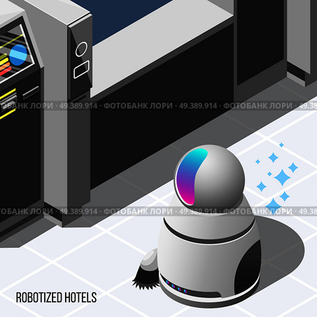 Robotized hotels isometric background with modern robotic cleaner and automatic machines used in hotel service vector illustration. Robotized Hotels Isometric Background. Стоковая иллюстрация, агентство Ingram Publishing / Фотобанк Лори