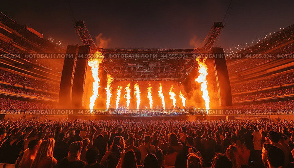 Rock band performing live on stage with pyrotechnics and fans cheering. Стоковое AI-изображение, AI-художник Юрий Поздников / Фотобанк Лори