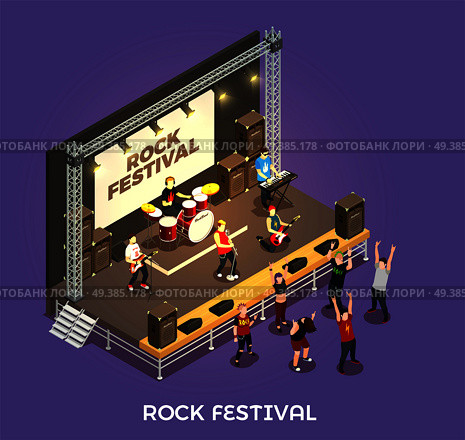 Rock festival isometric composition on purple background with musicians on stage, concert equipment, admirers vector illustration. Rock Festival Isometric Composition. Стоковая иллюстрация, агентство Ingram Publishing / Фотобанк Лори
