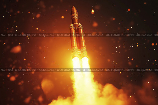 Rocket launching into a clear blue sky with billowing clouds during daytime. Стоковое AI-изображение, AI-художник Михаил Коханчиков / Фотобанк Лори