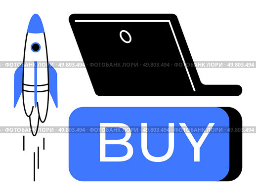 Rocket launching upward symbolizing speed, laptop, and large blue BUY button. Ideal for e-commerce, online shopping, digital transformation, fast service delivery, startup growth, technological. Rocket Launching Next to Laptop and Buy Button Representing Fast Online Shopping and E-commerce Growth. Стоковая иллюстрация, агентство Ingram Publishing / Фотобанк Лори