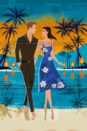 Romantic couple walking along a tropical beach at sunset, surrounded by palm trees and glowing lanterns, creating a vibrant and enchanting atmosphere for a summer getaway. Стоковое AI-изображение, AI-художник Ирина Ручушкина / Фотобанк Лори