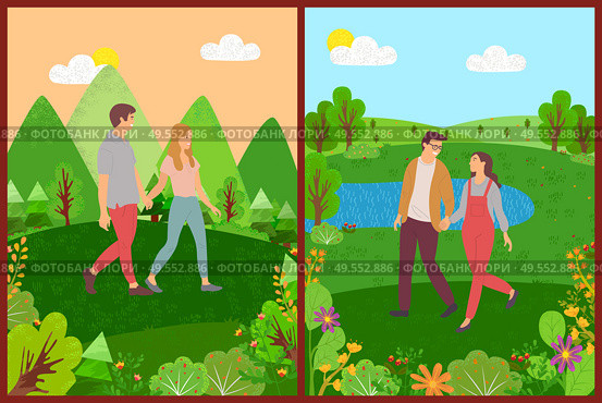 Romantic day of lovers, couple character walking in park, portrait view of male and female holding hands, people walking near mountains and lake vector. Meeting of Lovers, Couple Walking Outdoor Vector. Стоковая иллюстрация, агентство Ingram Publishing / Фотобанк Лори
