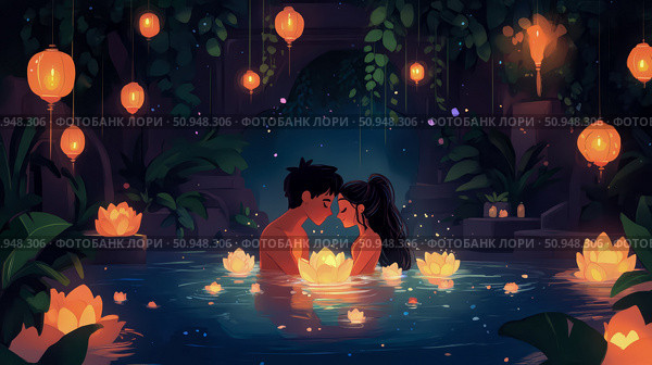 Romantic Evening: Couple in a Pond Surrounded by Floating Lotus Flowers and Glowing Lanterns. Стоковое AI-изображение, AI-художник Данила Большаков / Фотобанк Лори