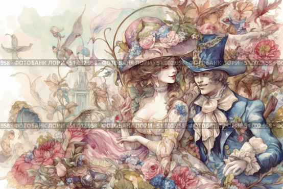 Romantic rococo watercolor illustration of a loving couple in luxurious 18th century costumes. The woman is wearing a lush dress with floral decoration and a wide-brimmed hat, the man is wearing a blue tailcoat with a lace jabot. Around them is a riot of flowers, fantastic elements and architectural details. An atmosphere of tenderness, love and magic. Suitable for wedding printing, vintage postcards, posters, book covers and decorative art. Стоковое AI-изображение, AI-художник Анна Кривицкая / Фотобанк Лори