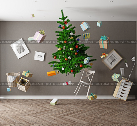 room with a Christmas tree and zero gravity. 3d concept. Стоковое фото, агентство Ingram Publishing / Фотобанк Лори