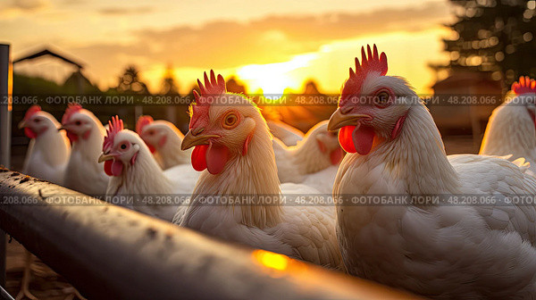 roosting sunset chicken farm ai generated. Стоковое AI-изображение, AI-художник Vectorwin / Фотобанк Лори