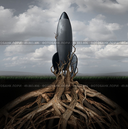 Rooted down concept with an aging rocket ship being held down by growing tree roots as a metaphor for uncompetitive and abandoned strategy of past forgotten potential and broken dreams of glory. Стоковое фото, агентство Ingram Publishing / Фотобанк Лори