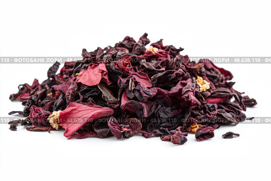 Roselle or Hibiscus tea pile isolated on a white background. Dry karkade flowers petals heap of dried herbal tea. Indian spices. Mockup of aromatic Fruit Red Tea, Dried Herbal Beverage. Carcade. Стоковое AI-изображение, AI-художник Марина Демидюк / Фотобанк Лори