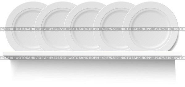 Round white plates on wooden shelf for utensil. Kitchen stuff for cooking and serving food, breakfast, lunch and dinner. Vector illustration in flat style, shelving concept on white background. Round white plates on wooden shelf for utensil. Kitchen stuff for cooking and serving food. Стоковая иллюстрация, агентство Ingram Publishing / Фотобанк Лори