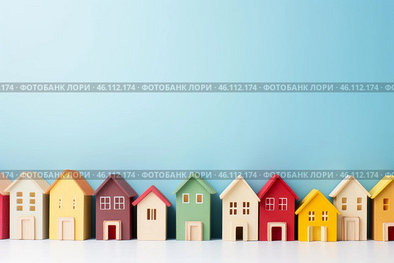 Row of colorful wooden toy houses on blue background. Стоковое AI-изображение, AI-художник Иван Рябоконь / Фотобанк Лори